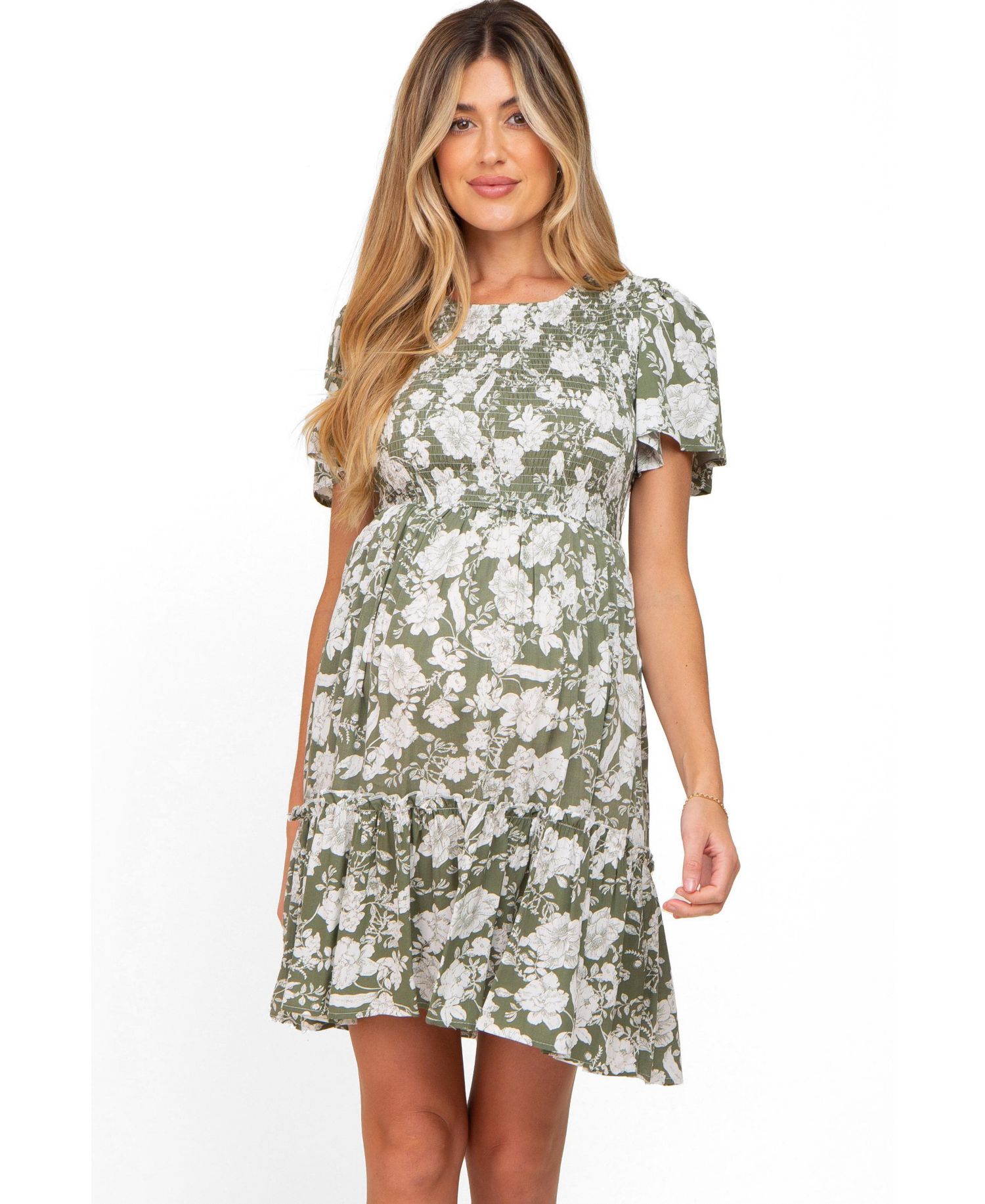 Maternity Floral Smocked Ruffle Dress