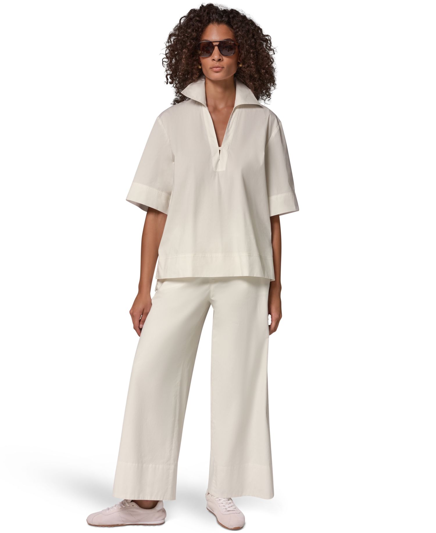 Women's Poplin Short-Sleeve V-Neck Collared Blouse