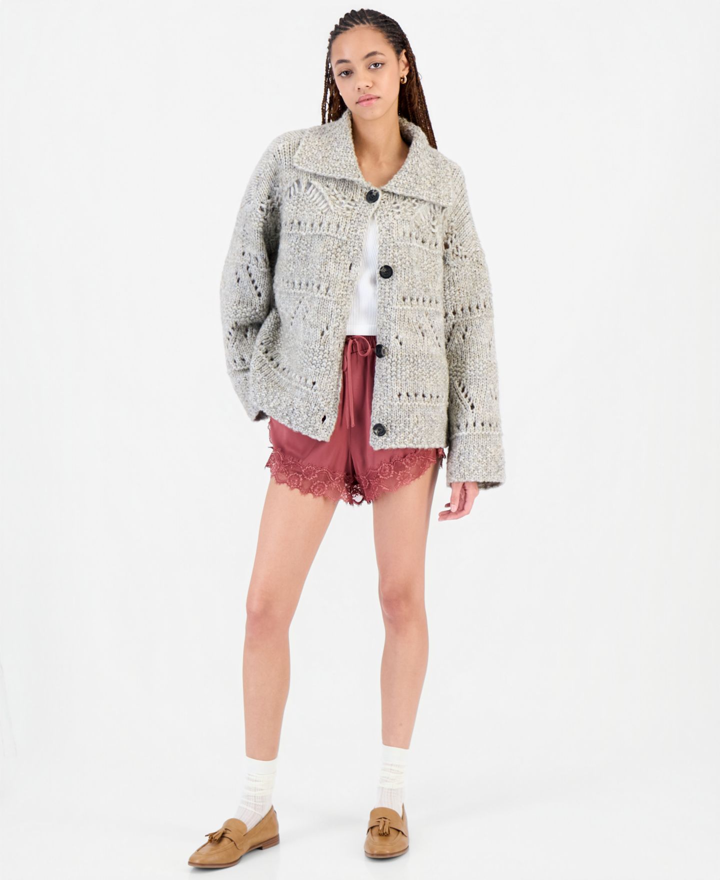 Женский кардиган And Now This Petite Pointelle Button-Front, цвет: Каменный меланжевый — фото 2