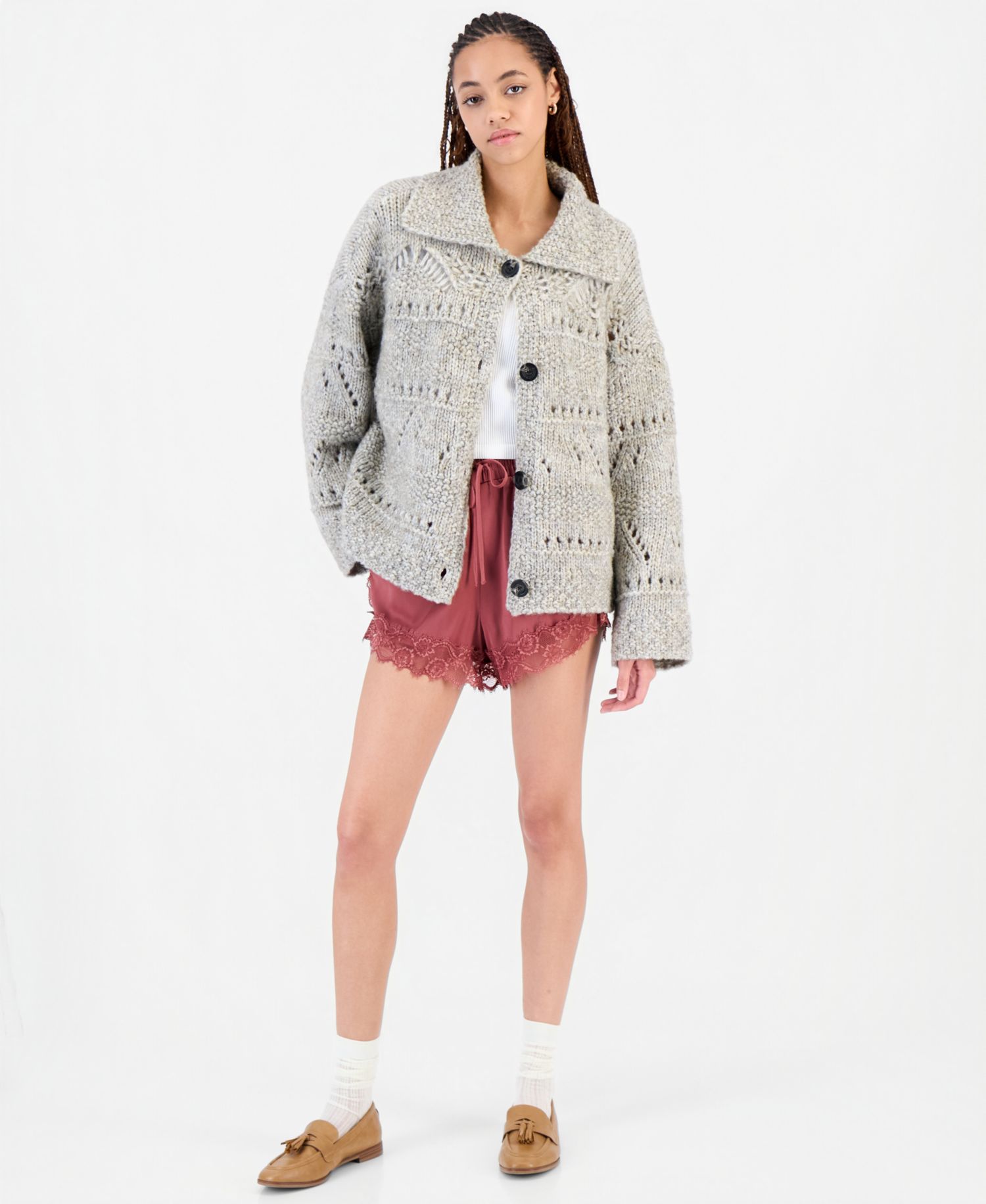 Petite Pointelle Button-Front Cardigan