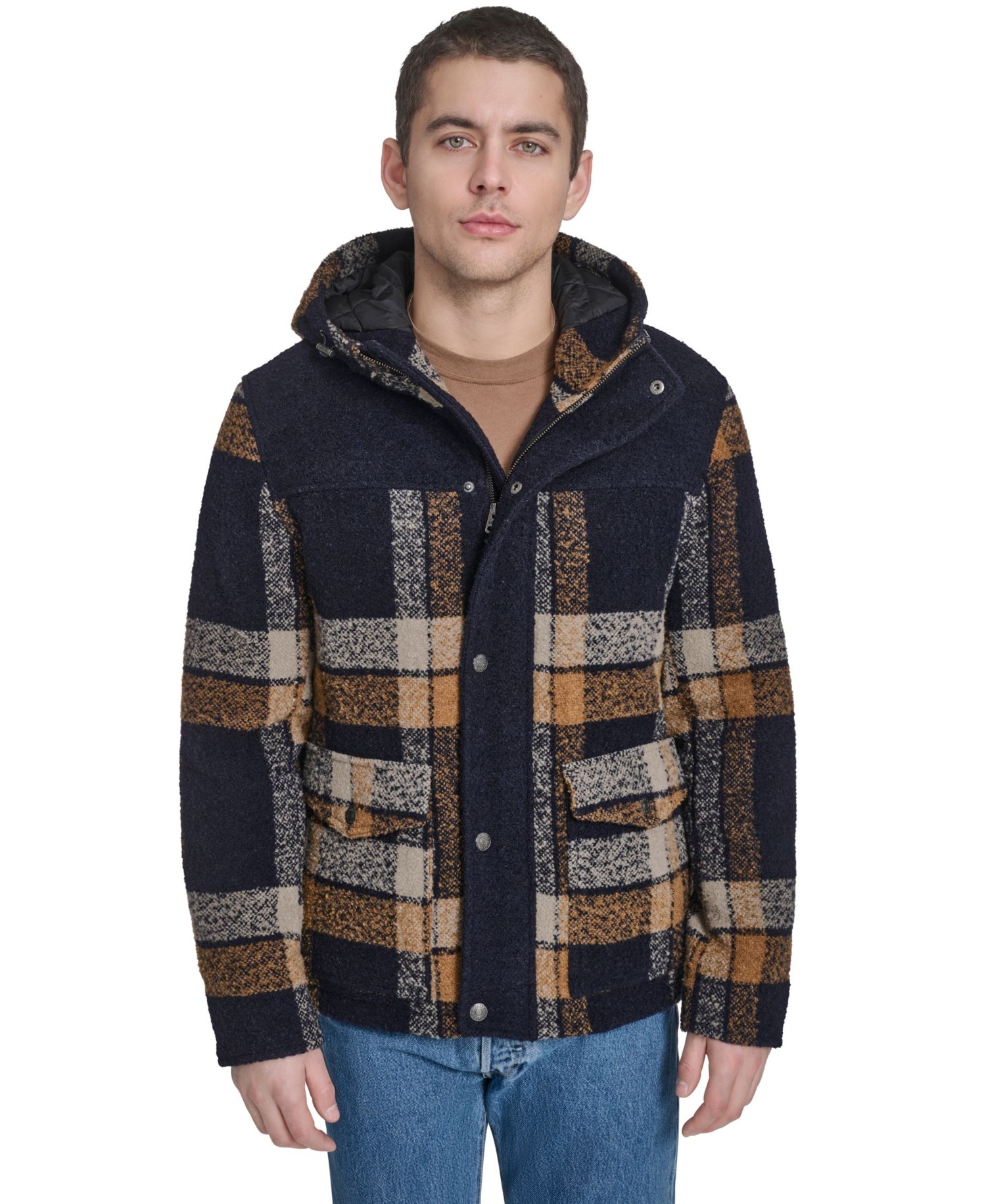 Men's Wool Blend Plaid Hooded Jacket