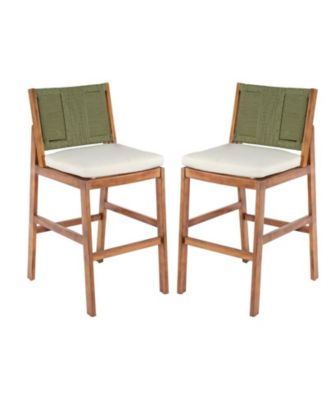 Outdoor Acacia Wood Bar Stools Set of 2 with Cushion and Wicker Back for Patio or Poolside
