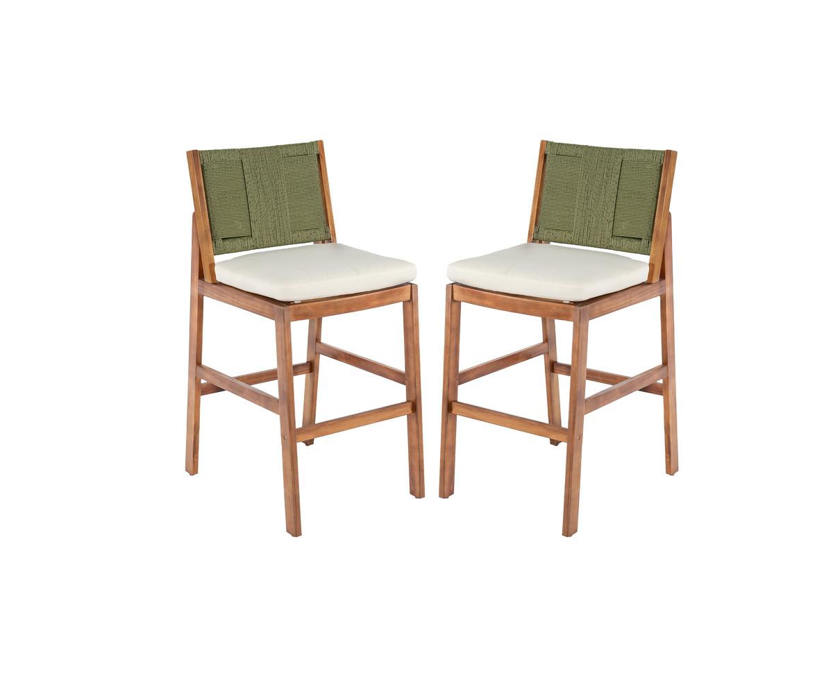 sumyeg Outdoor Acacia Wood Bar Stools Set of 2 with Cushion and Wicker Back for Patio or Poolside - Cream,green,teak