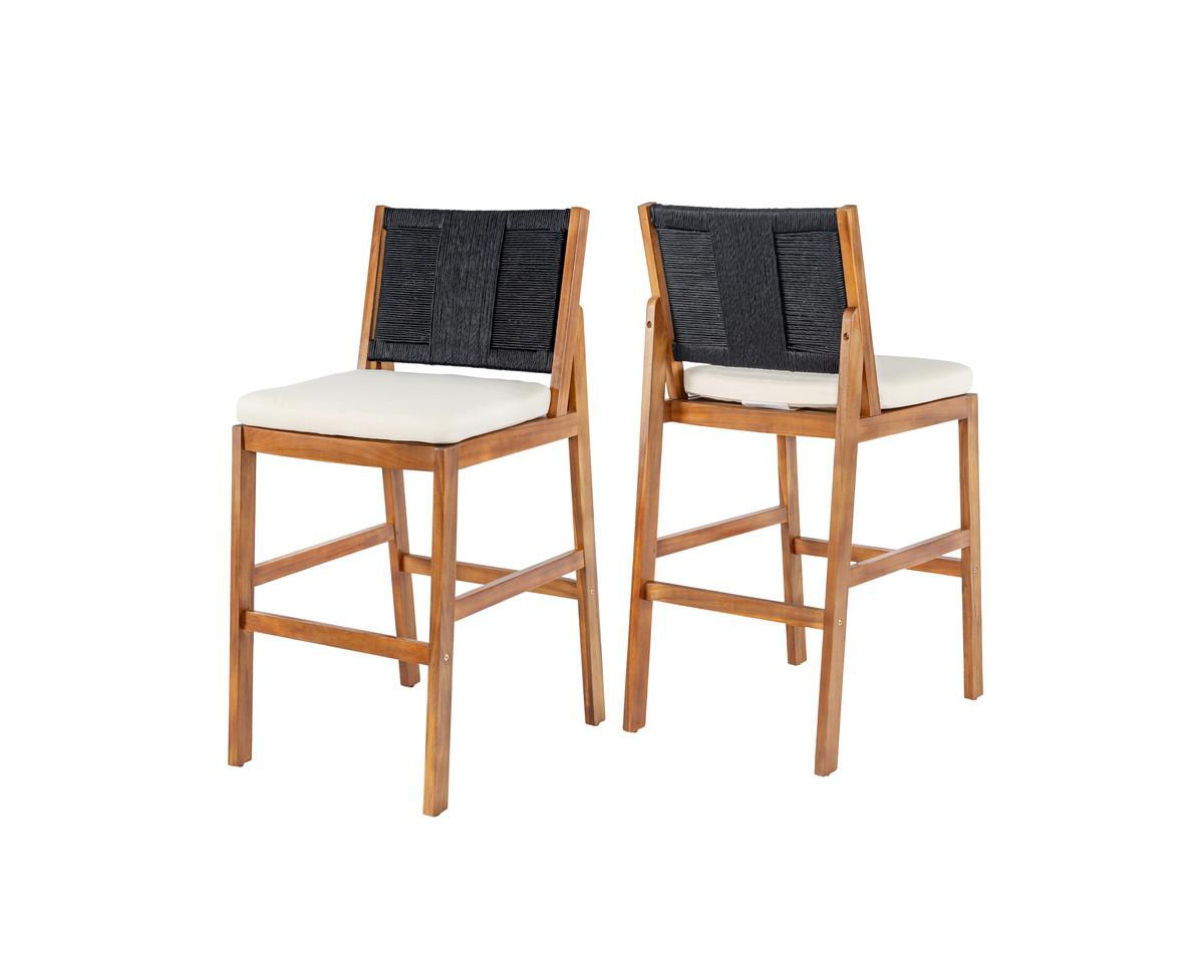 sumyeg Outdoor Acacia Wood Bar Stools Set of 2 with Cushion and Wicker Back for Patio or Poolside - Black,cream,teak