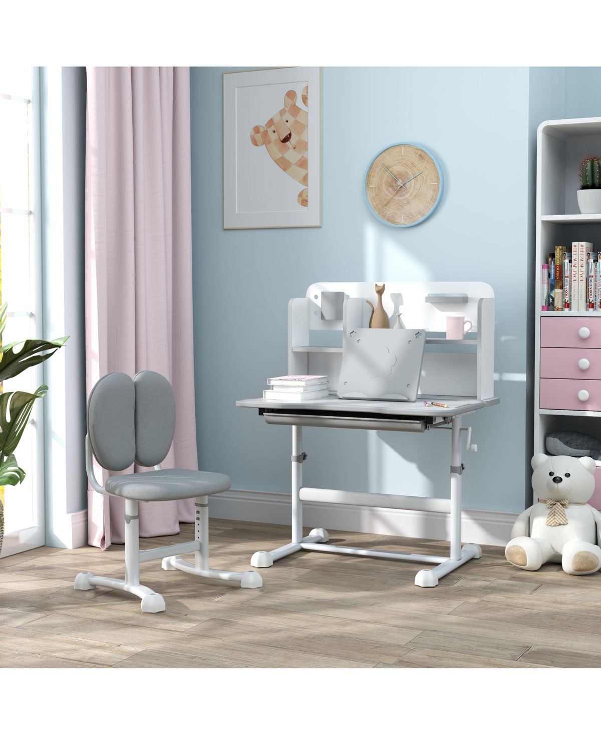 Clihome Kids Study Desk Chair Set Adjustable and Tilt Desktop with Storage Drawer, Book Stand