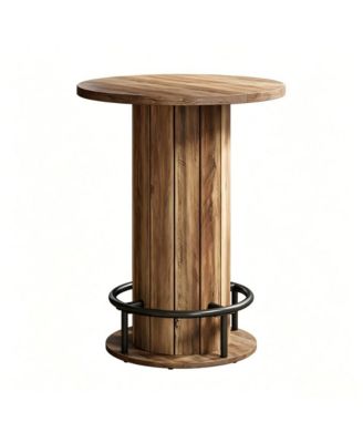 Round Wood Grain Bar Pub Table with Metal Footrest for Home Cafe Commercial Use Only Table