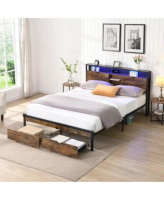 King Size Metal Platform Bed Frame with Wooden Headboard and Footboard, USB Charging, LED Lights, 2 Drawers, No Box Spring Needed