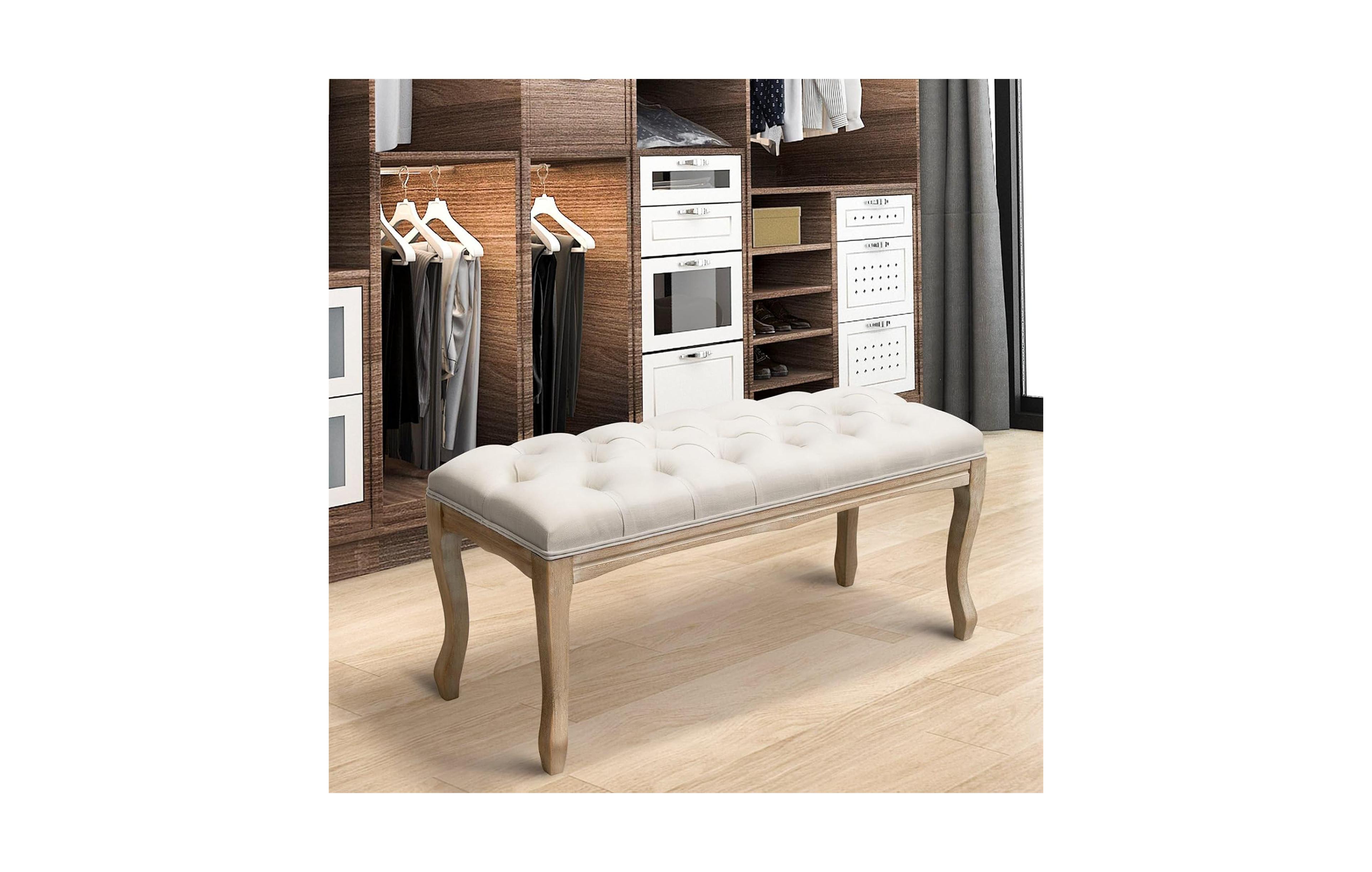 Clihome 43.3 Inch Linen Upholstered Bench Tufted Bench, Accent
