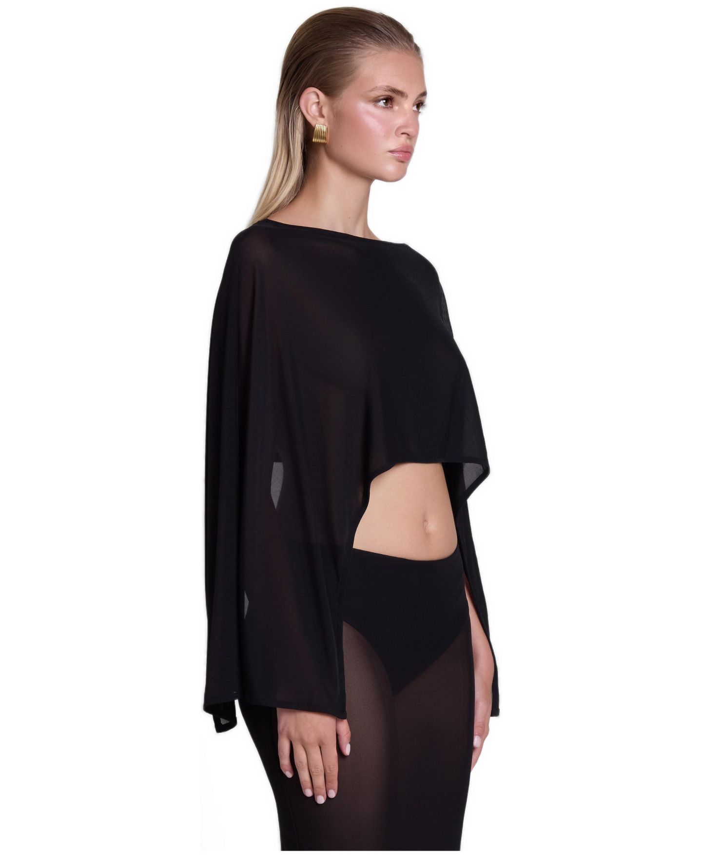 Женская накидка LEAU Imogen Sheer Mesh Long-Sleeve Boat Neck Cape, цвет: Чёрный — фото 3