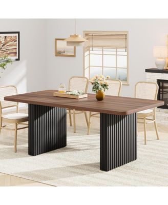 71-Inch Farmhouse Dining Table for 6-8, Wood Top with Black Fluted Wave Metal Legs