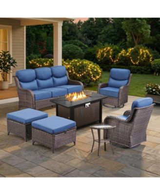  Piece Outdoor Patio Furniture with Fire Pit Set,Wicker Patio Sofa Set Outdoor Rocking Chairs with Ottomans,6inch Thick Cushions