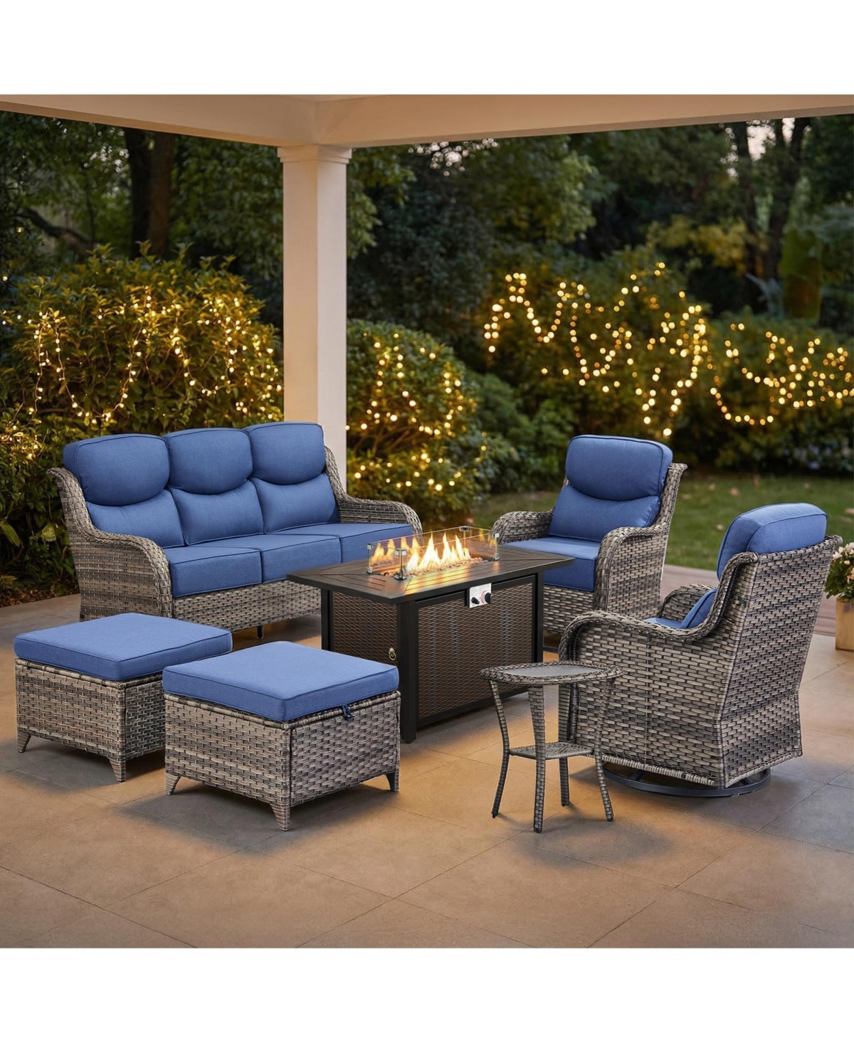 Pocassy Piece Outdoor Patio Furniture with Fire Pit Set,Wicker Patio Sofa Set Outdoor Rocking Chairs with Ottomans,6inch Thick Cushions - Blue / grey