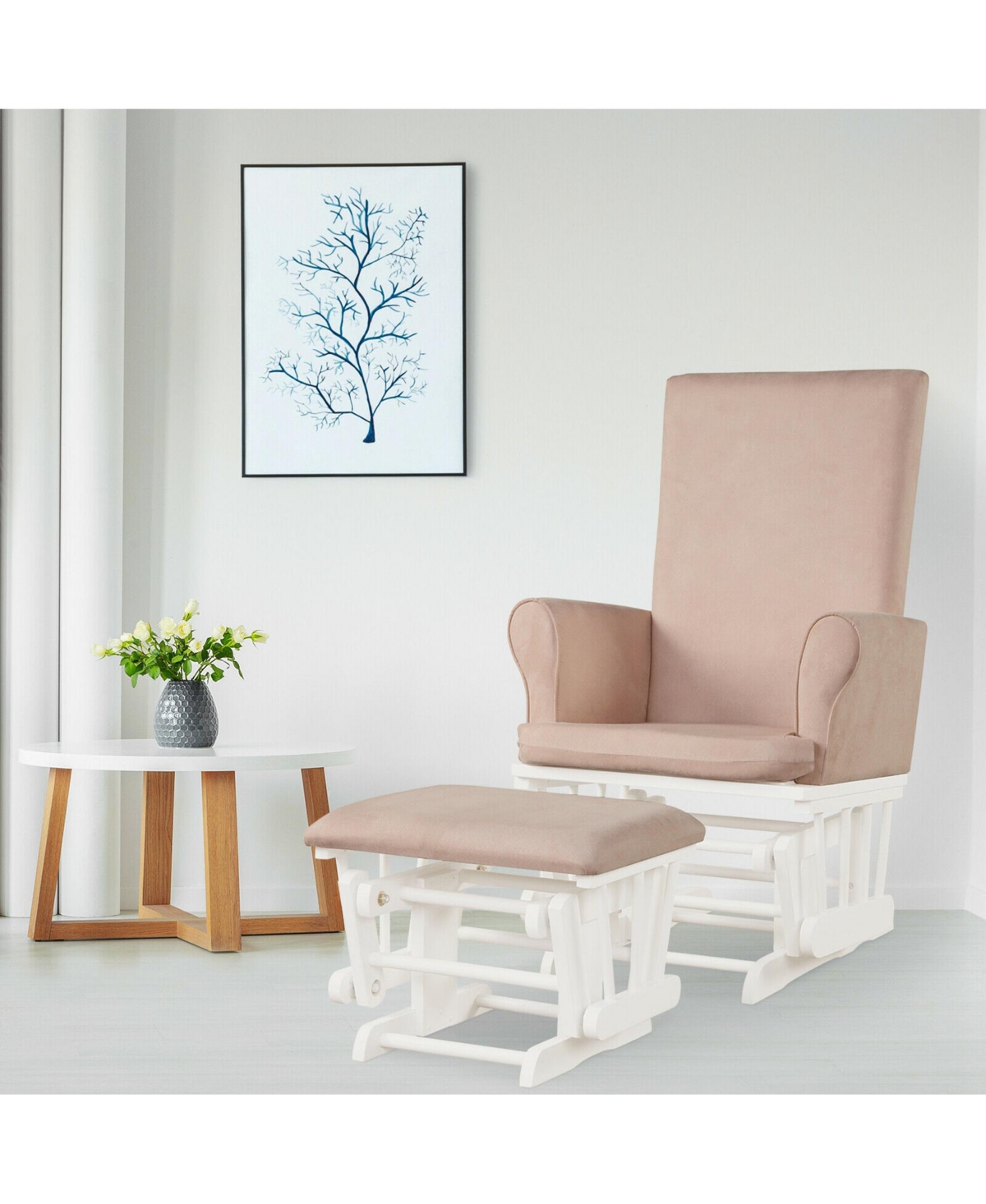 Gymax Glider and Ottoman Cushion Set Wooden Baby Nursery Rocking Chair