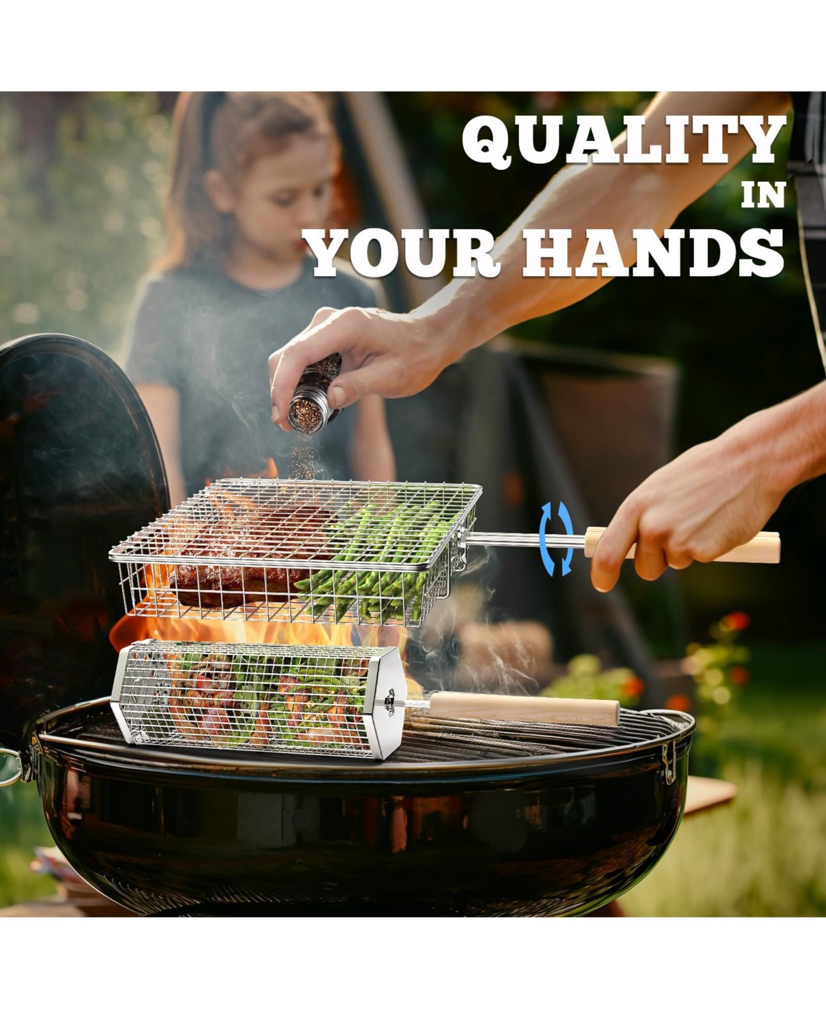 Xdovet Grill Basket Removable Wooden Handle Stainless Steel Bbq Tool