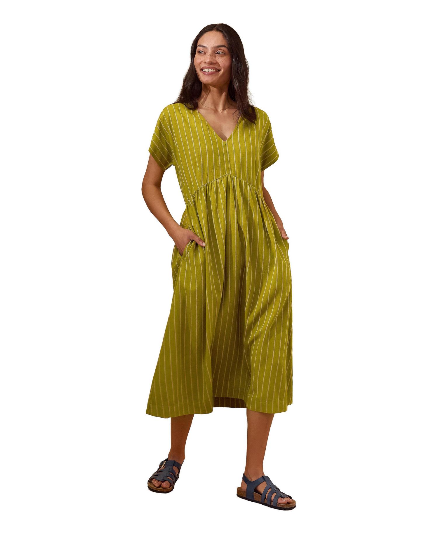 Women's V-Neck Gathered-Waist Striped Midi Dress