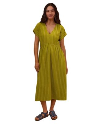 Women's V-Neck Gathered-Waist Striped Midi Dress