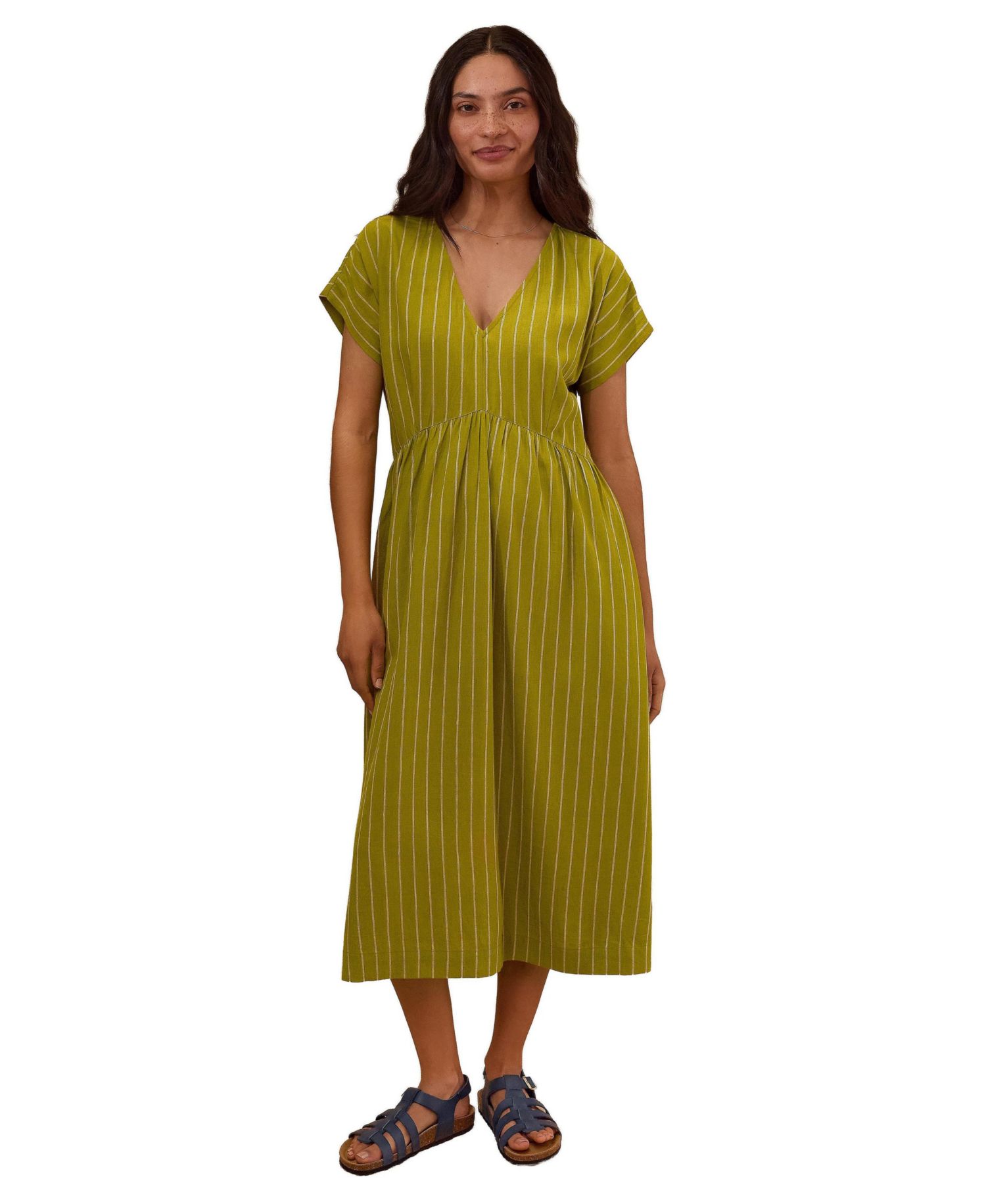 Women's V-Neck Gathered-Waist Striped Midi Dress