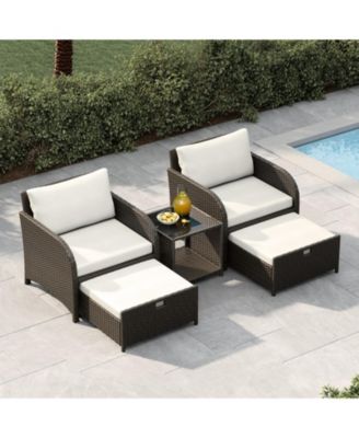 PE Rattan Patio Furniture Set, Wicker Outdoor Seating Set with Ottomans and Glass Tabletop for Garden Balcony