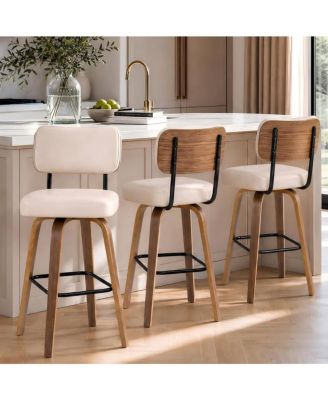 Set of 3 Counter Height Bar Stools, 26" Swivel Bar Stools with Back and Bentwood Legs, Faux Leather Upholstered Counter Stools