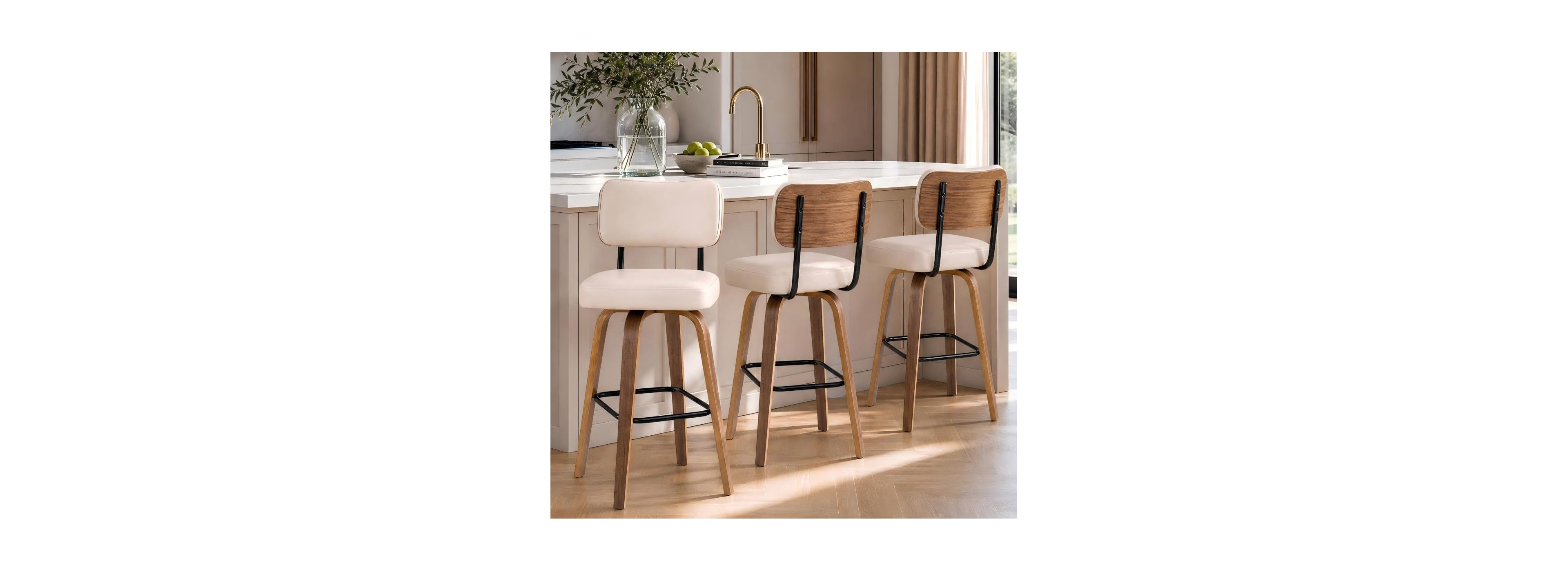 homfan Set of 3 Counter Height Bar Stools, 26" Swivel Stools with Back and Bentwood Legs, Faux Leather Upholstered