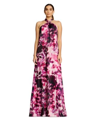 Women's Floral-Print Gathered Halter Neck W Built Up Back Column Shift Maxi Dress