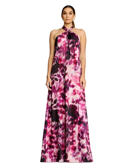Женское платье Dress the Population Floral-Print Gathered Halter Neck W Built Up Back Column Shift Maxi, цвет: Пурпурный разноцветный