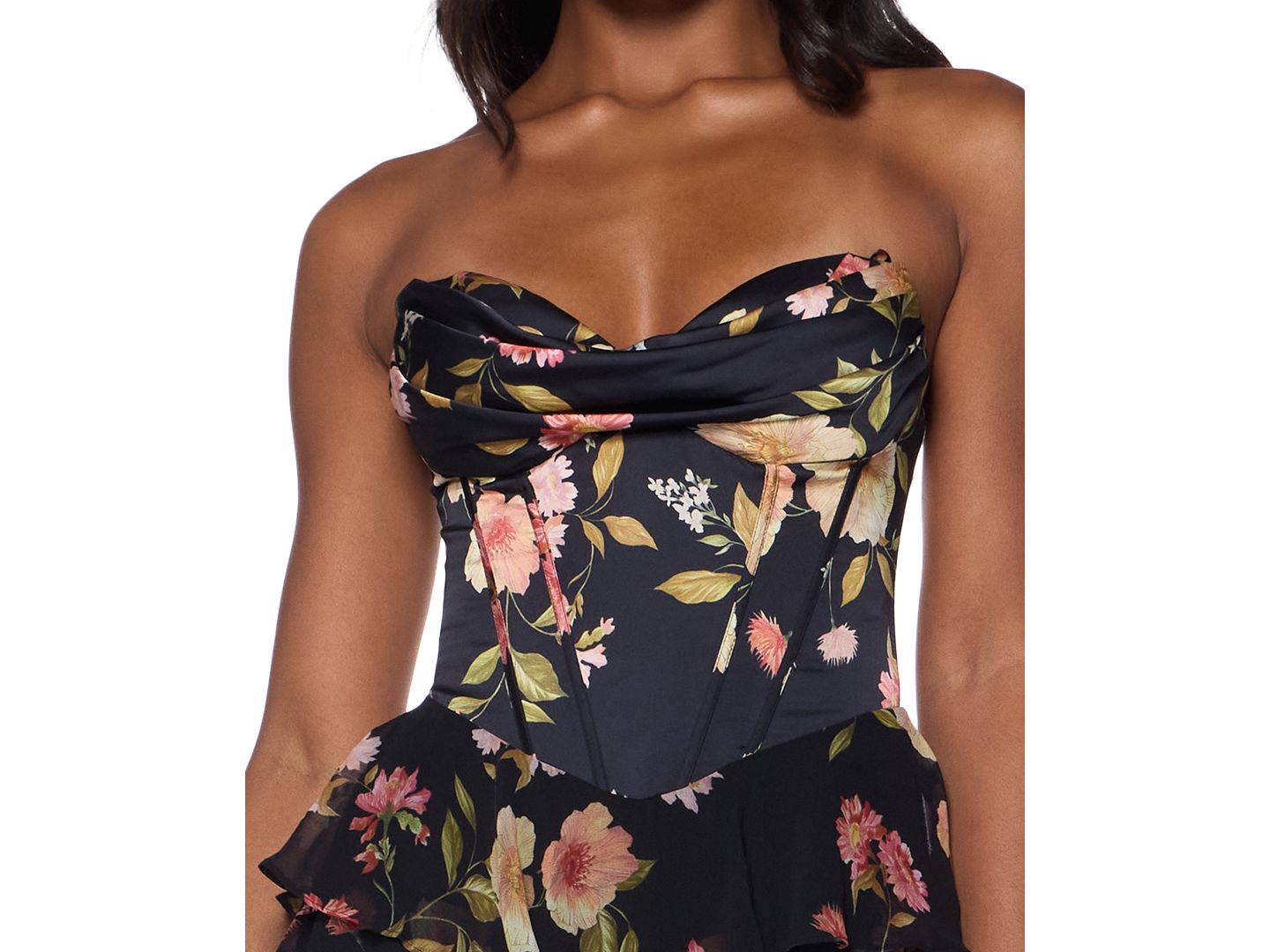 Женское платье Alex & Sophia Juniors' Strapless Sweetheart-Neck Corset-Style Bodice Tiered Skirt, цвет: Чёрный / Разноцветный — фото 4