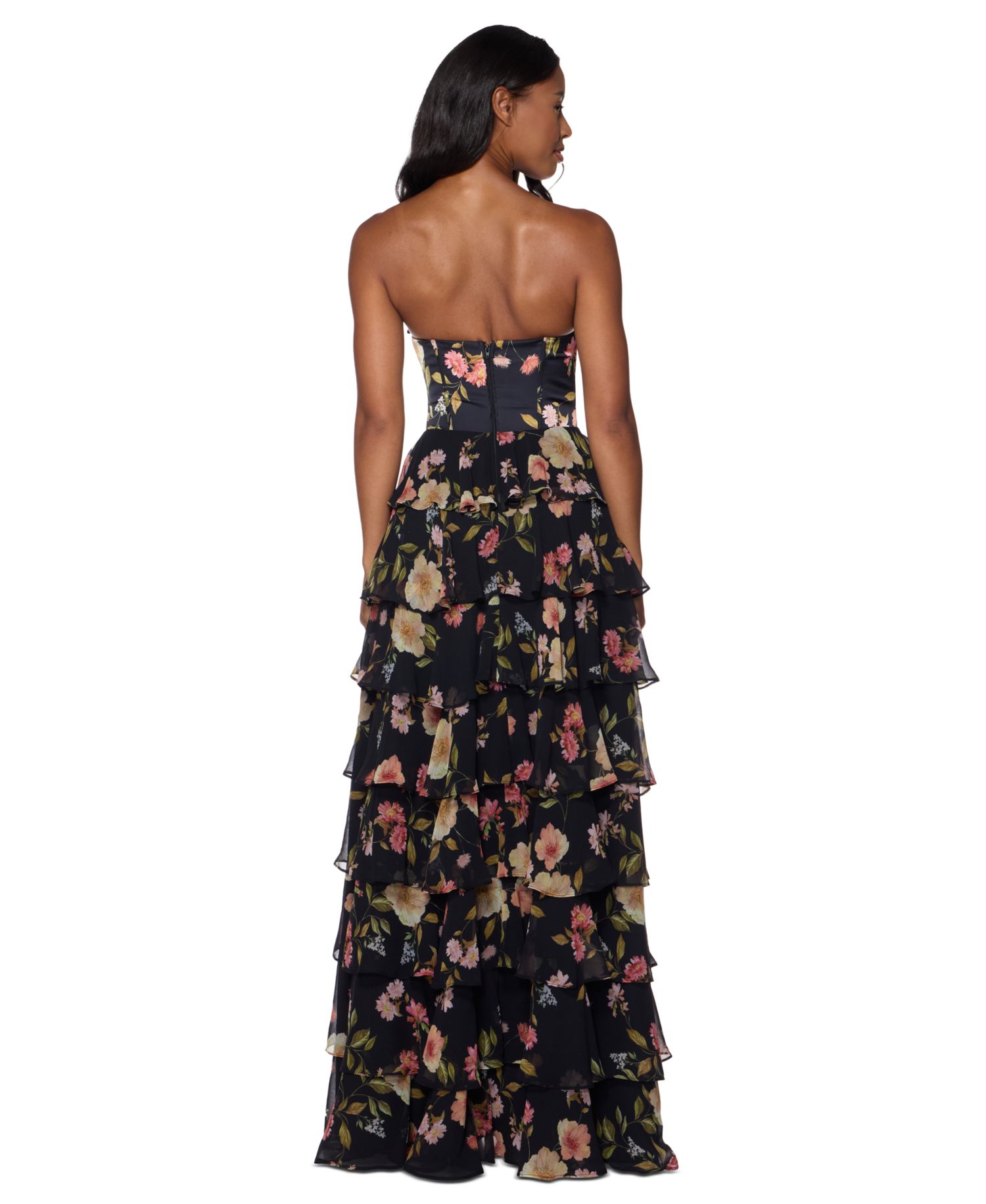 Juniors' Strapless Sweetheart-Neck Corset-Style Bodice Tiered Skirt Dress