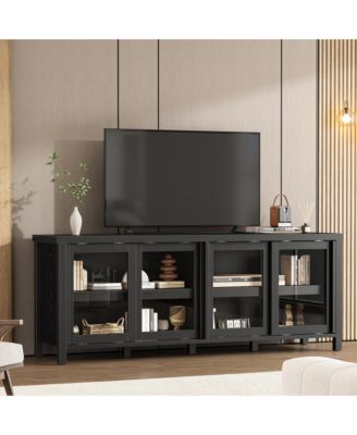 TV Stand for 65" TV - Mid Century Entertainment Center with 4 Sliding Glass Doors and Storage Cabinet for Living Room or Bedroom
