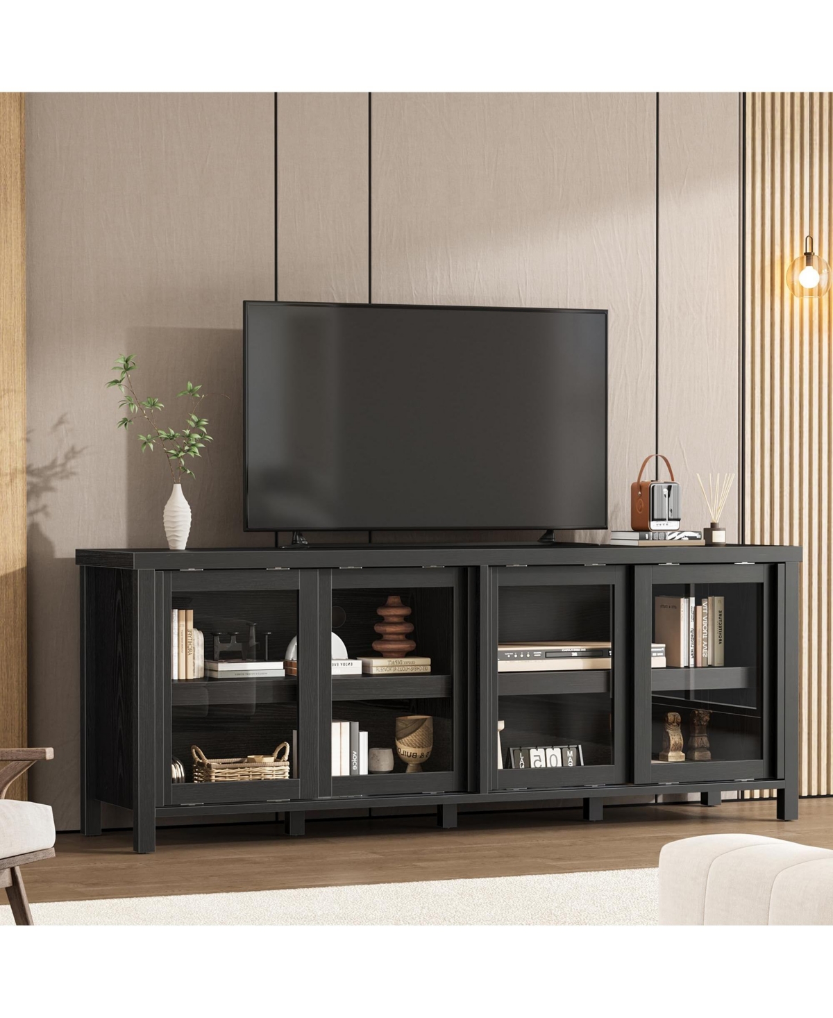 homfan Tv Stand for 65" Tv - Mid Century Entertainment Center with 4 Sliding Glass Doors and Storage Cabinet for Living Room or Bedroom