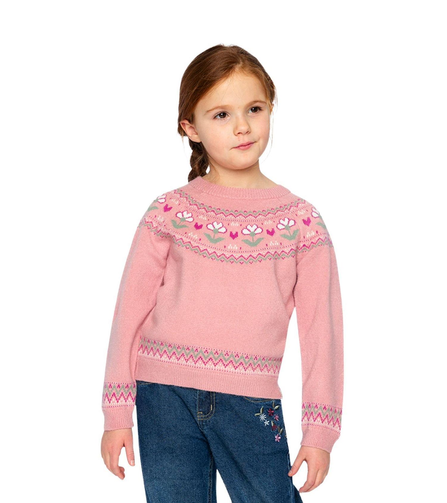 Little Girls 6-12 Years Sweater with Flower Jacquard