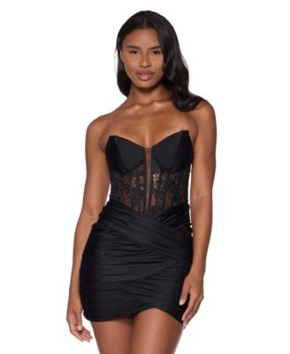 lace illusion bodycon dress Alex & Sophia Juniors' Strapless Lace-Illusion Bodice Ruched Mini Color:Lime_Green