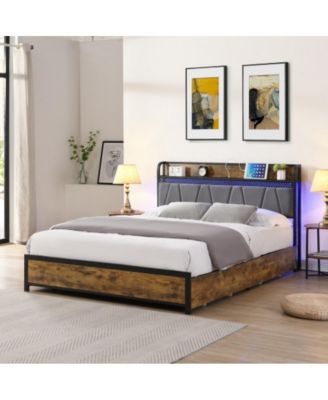 Full Size Platform Bed Frame with USB Outlets and RGB LED Lights, 4 Storage Drawers, Heavy Duty Metal Slats, No Box Spring Needed