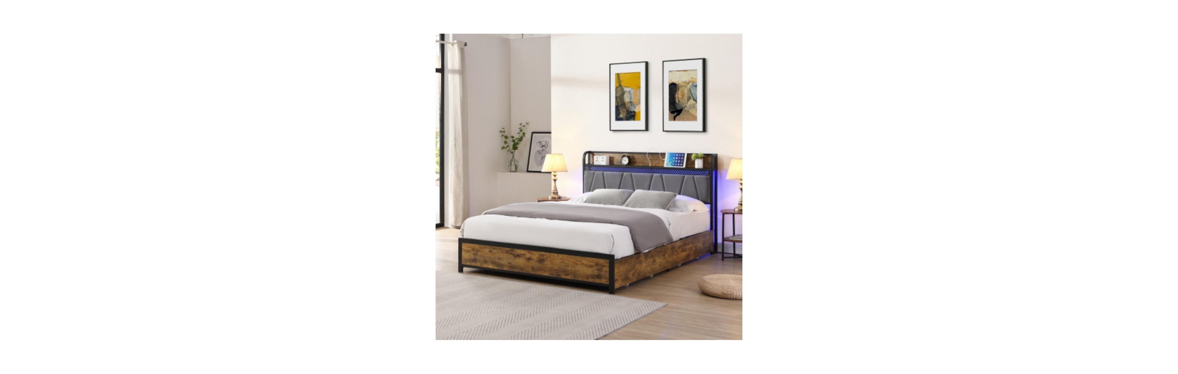 Lucky One Full Size Platform Bed Frame with Usb Outlets and Rgb Led Lights, 4 Storage Drawers, Heavy Duty Metal Slats, No Box Spring Needed