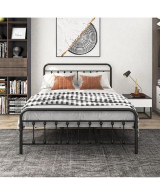 Queen Size Metal Platform Bed Frame with Victorian Headboard and Footboard, Steel Slats, No Box Spring Needed, Under-Bed Storage