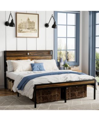 Queen Size Bed Frame with Storage Headboard, LED Lights, USB Charging Station, Metal Slats, No Box Spring Needed