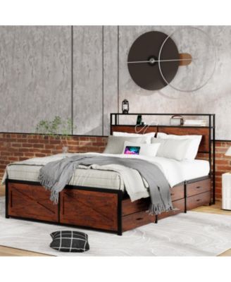 Queen Size Bed Frame with Storage Headboard, 12 Drawers, RGB LED Lights, USB Charging Station, Metal Slats, No Box Spring Needed