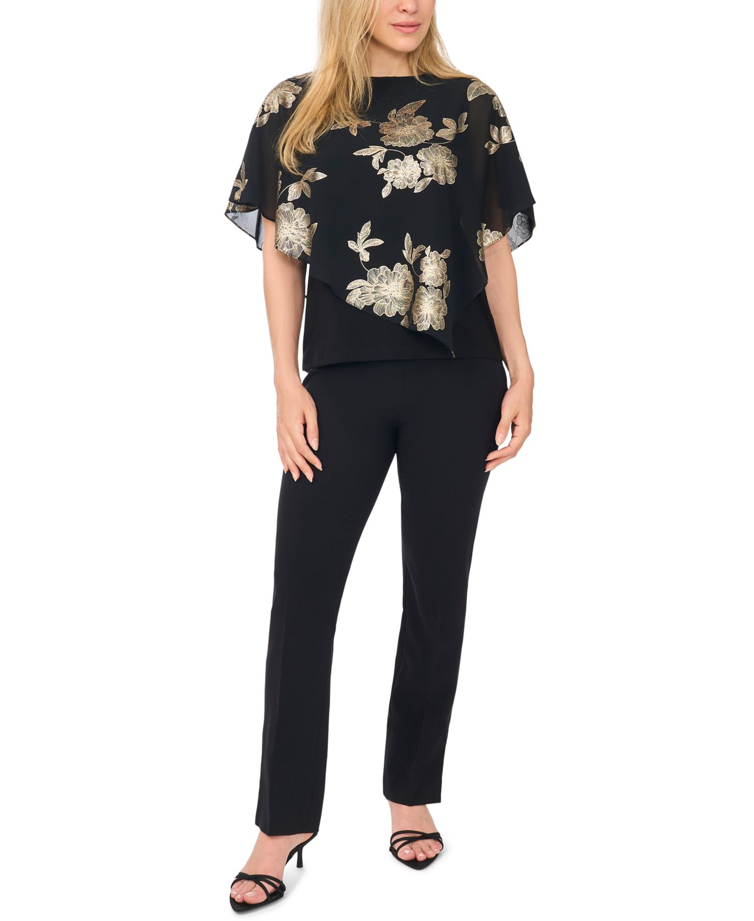 Petite Combo Overlay Asymmetrical Floral-Metallic Top