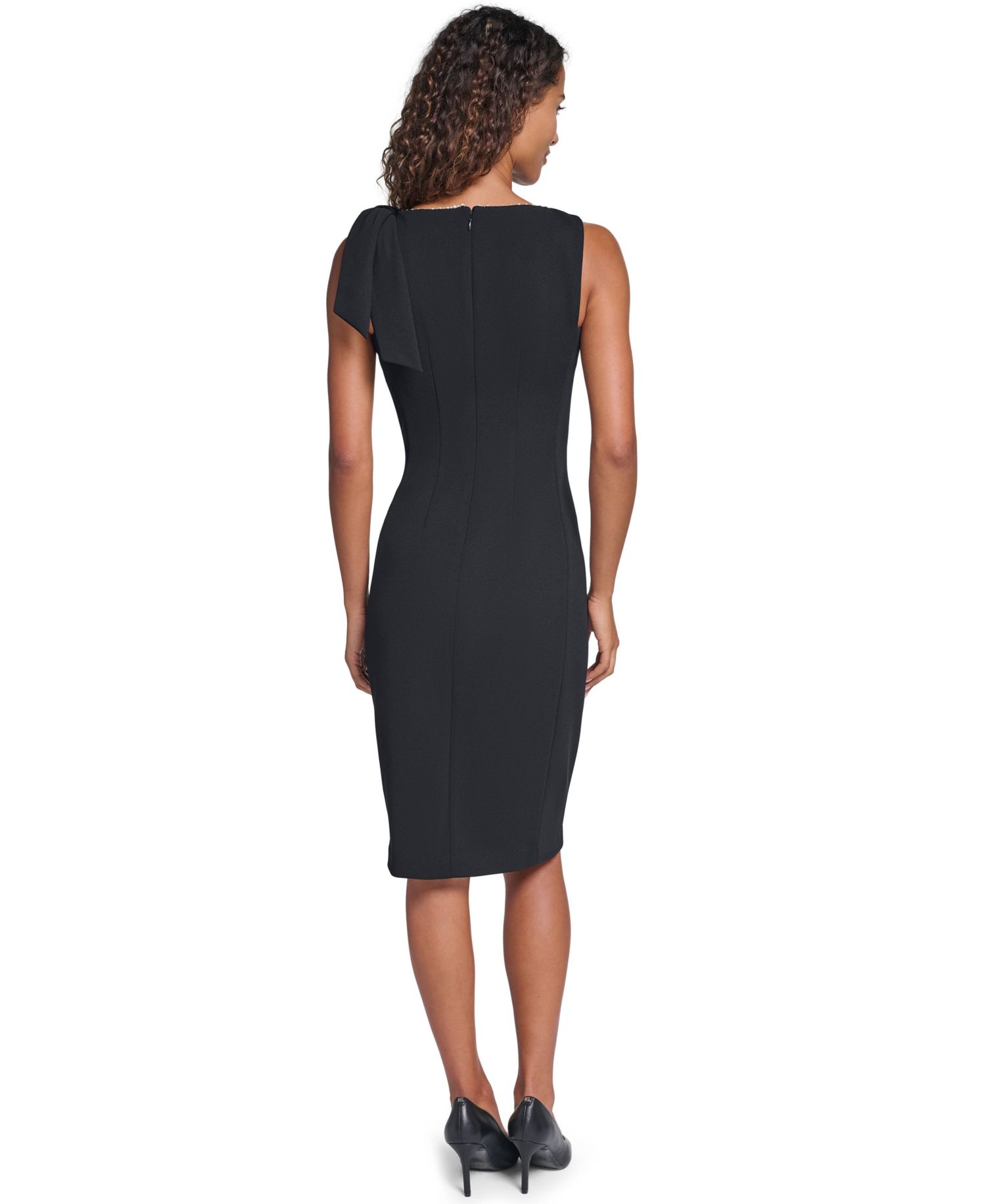 Women's Scuba Crepe Imitation Pearl Trim Crewneck Sheath Dress