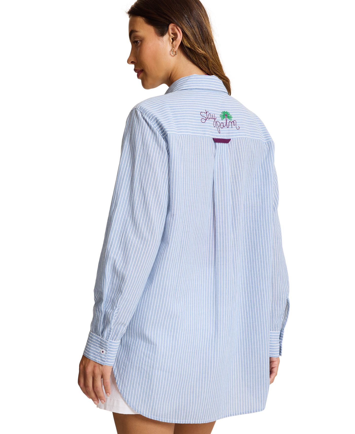 Женская рубашка Tommy Bahama Striped Embroidered Long-Sleeve Boyfriend, цвет: Синий — фото 2