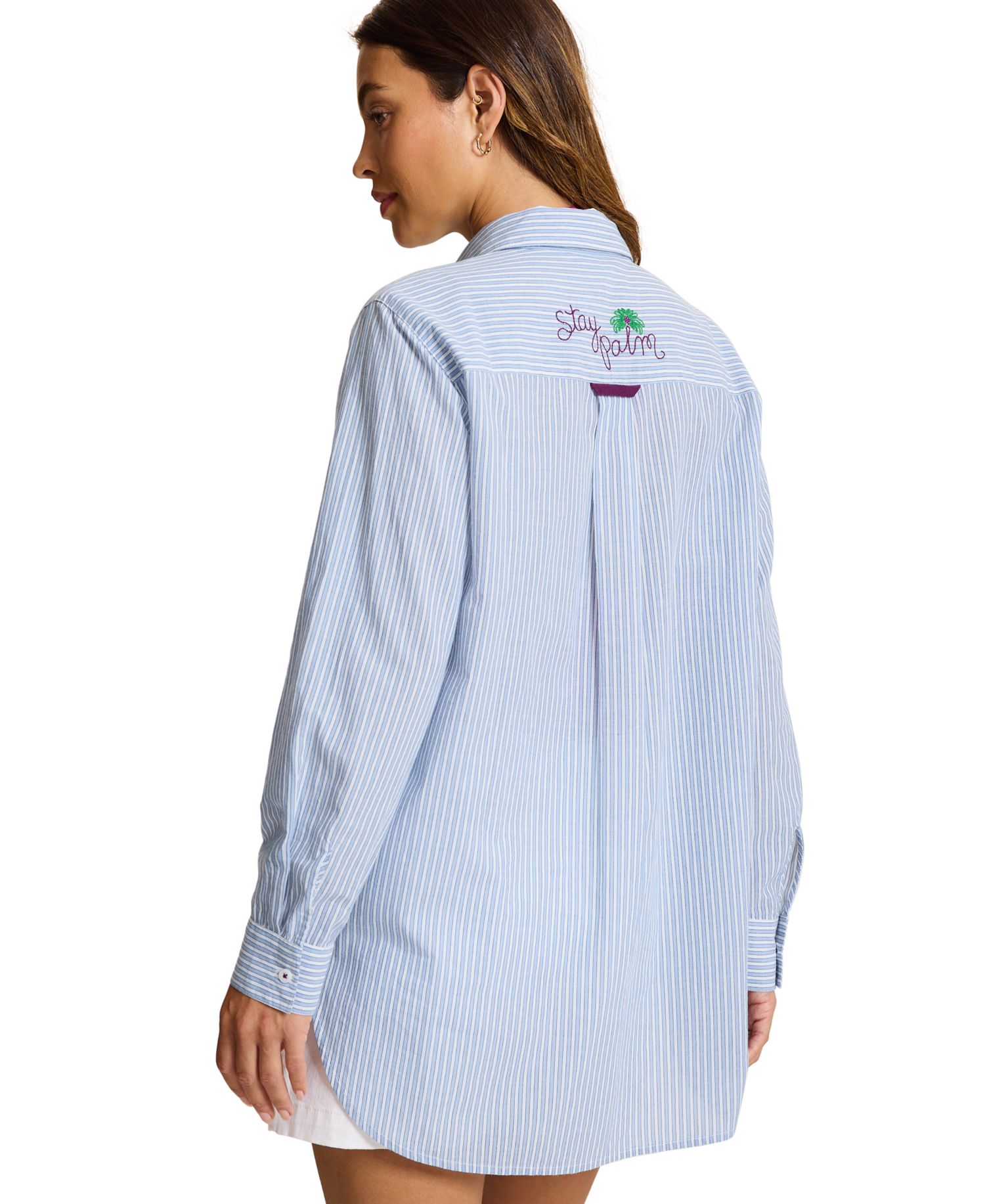 Women's Striped Embroidered Long-Sleeve Boyfriend Shirt