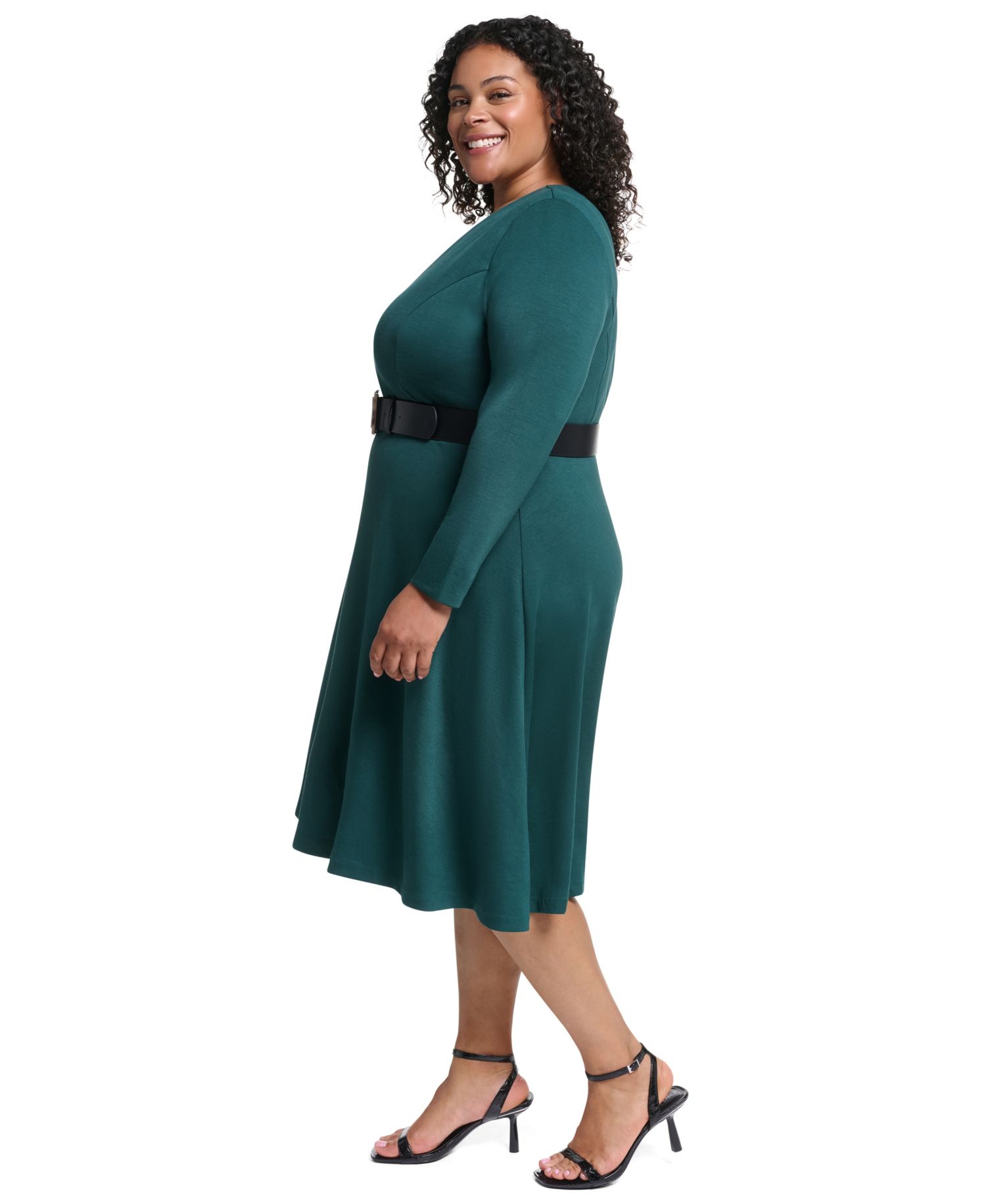 Plus V-Neck 3/4 Sleeve Fit & Flare Dress