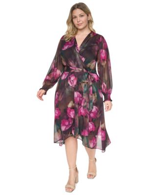 Plus Size Floral Long-Sleeve A-Line Wrap Dress