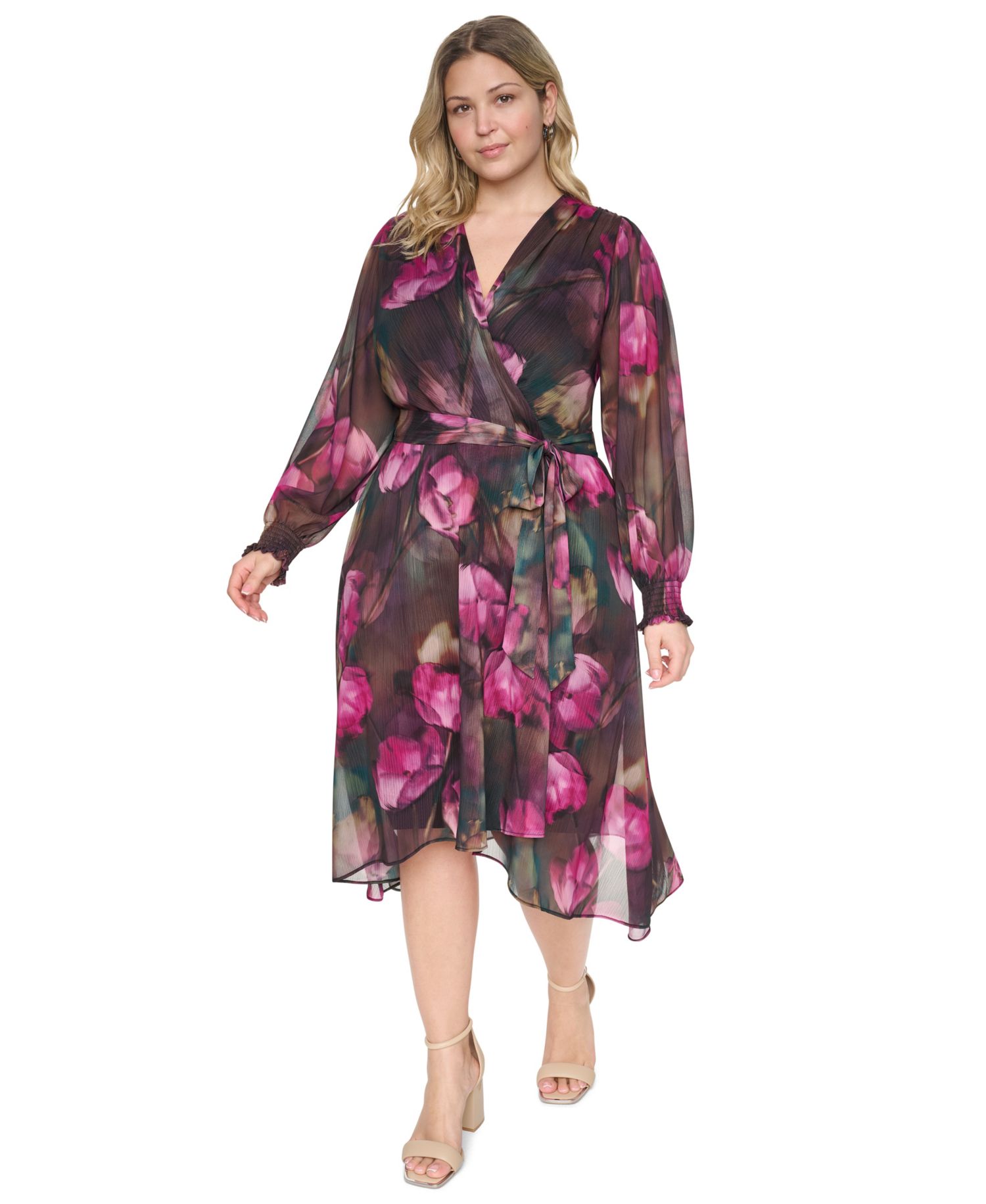 Petite Smocked Wrap Midi Floral-Print Long-Sleeve Dress