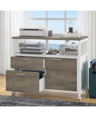 Modern File Cabinet: Lockable lateral cabinet with drawers for letter-size, door, shelves and casters. Printer stand for home office