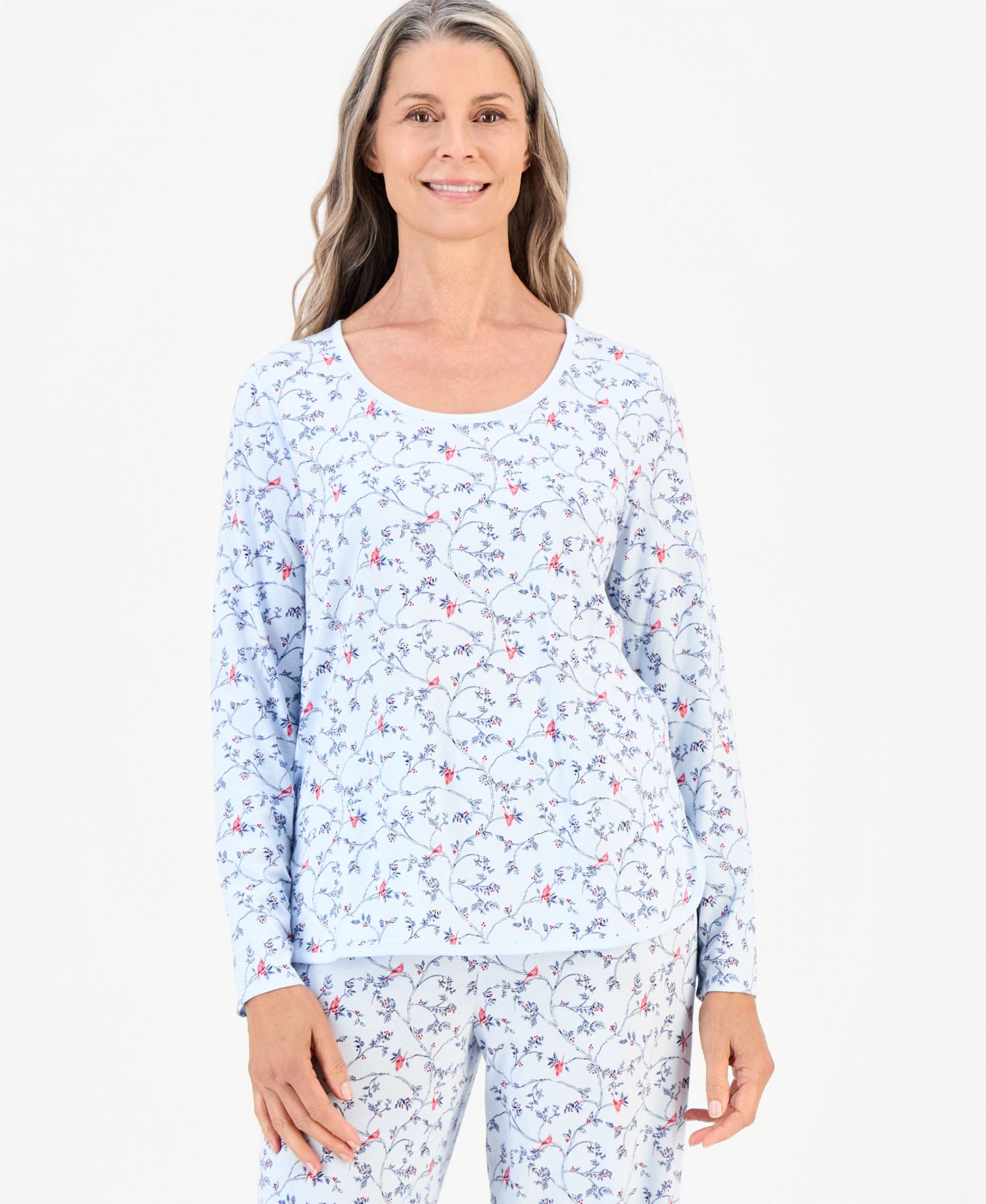 Women's 100% Pima Cotton Long-Sleeve Scoop Neck Pajama Top and Pants Set