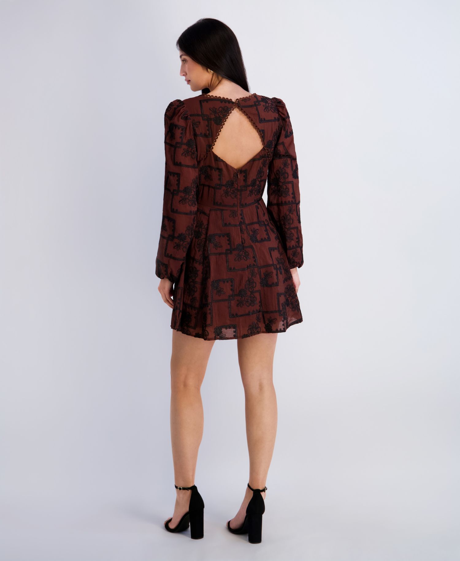 Women's Embroidered V-Neck Blouson Sleeve Mini Dress