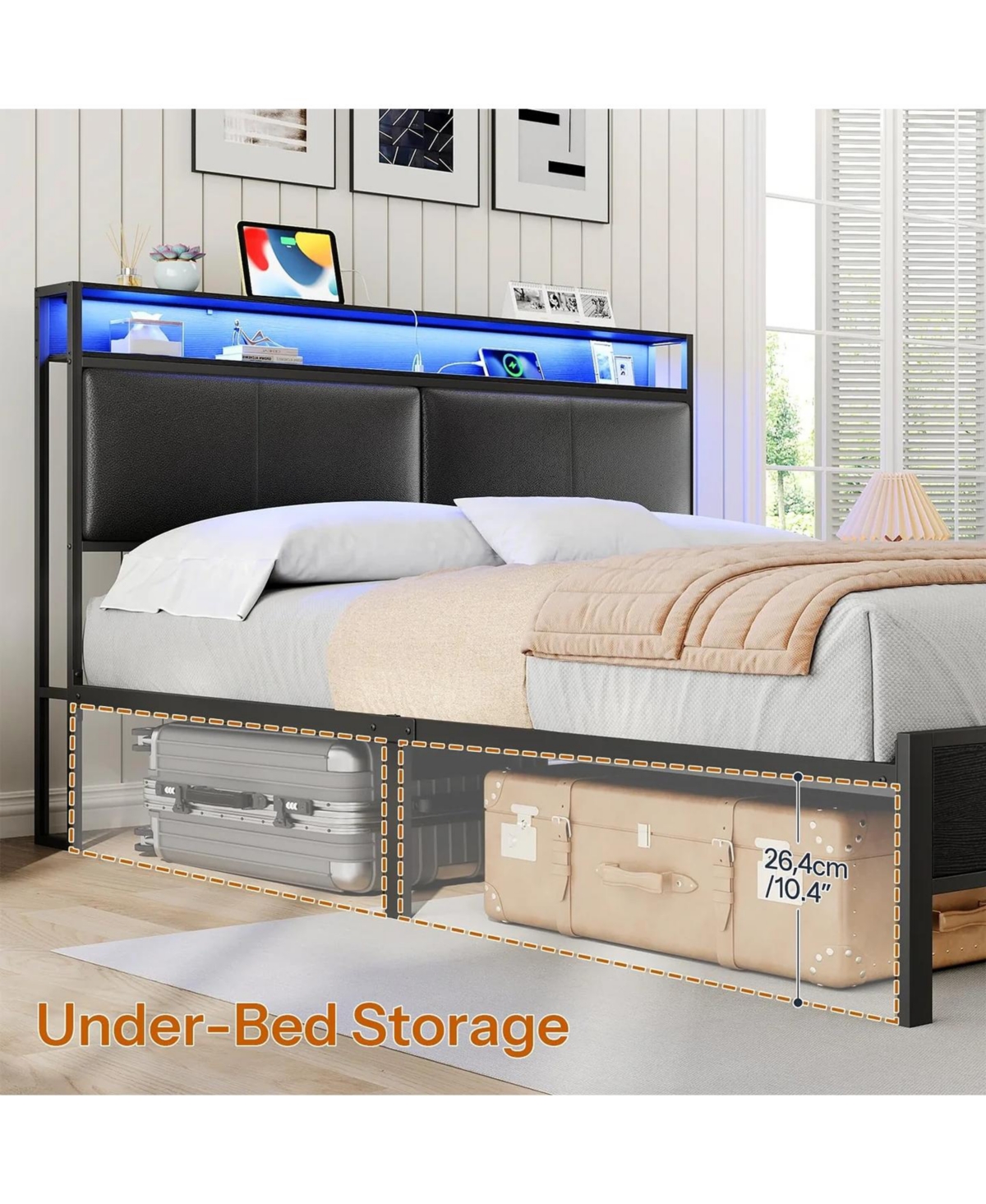 Slickblue Queen Size Metal Bed Frame with Led Headboard, Open Storage Shelves And Noise-Free Design