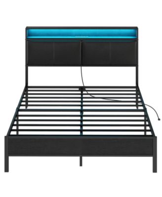 Queen Size Metal Bed Frame with LED Headboard, Open Storage Shelves And Noise-Free Design