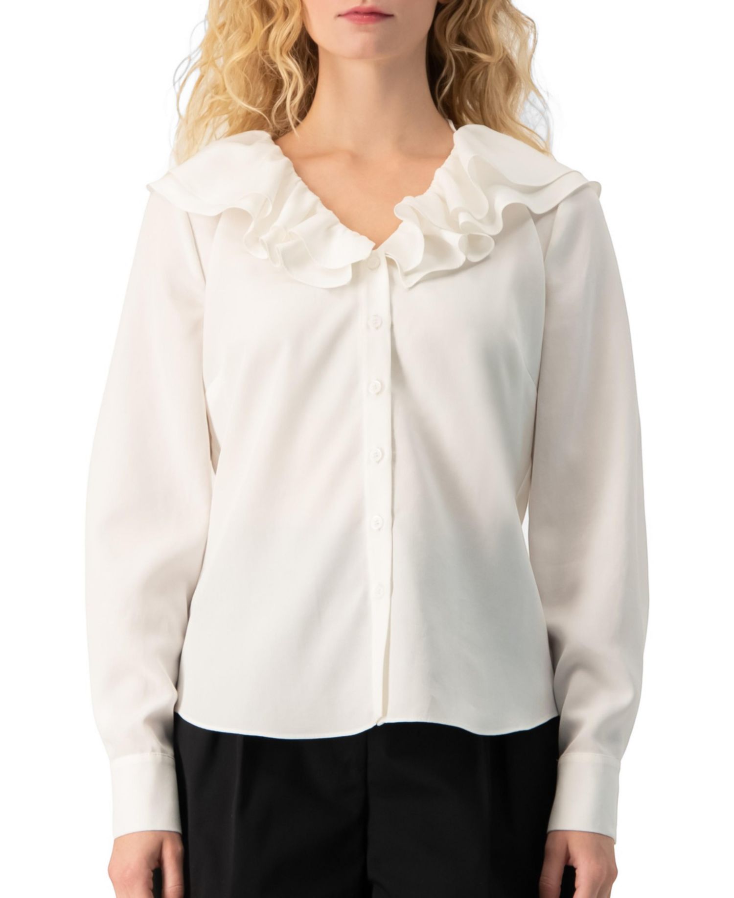 Women's Ruffle Collar V-Neck Long-Sleeve Blouse